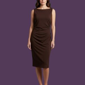 TRUE ENVY Chocolate Brown Ruched Sleeveless Bodycon Below Knee Boatneck Dress
